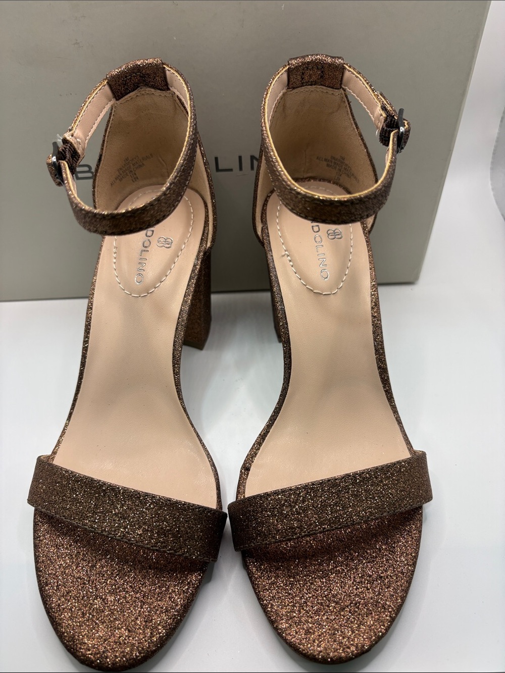 Bandolino Armory 3 Bronze Glitter Ankle-Strap Block Heels